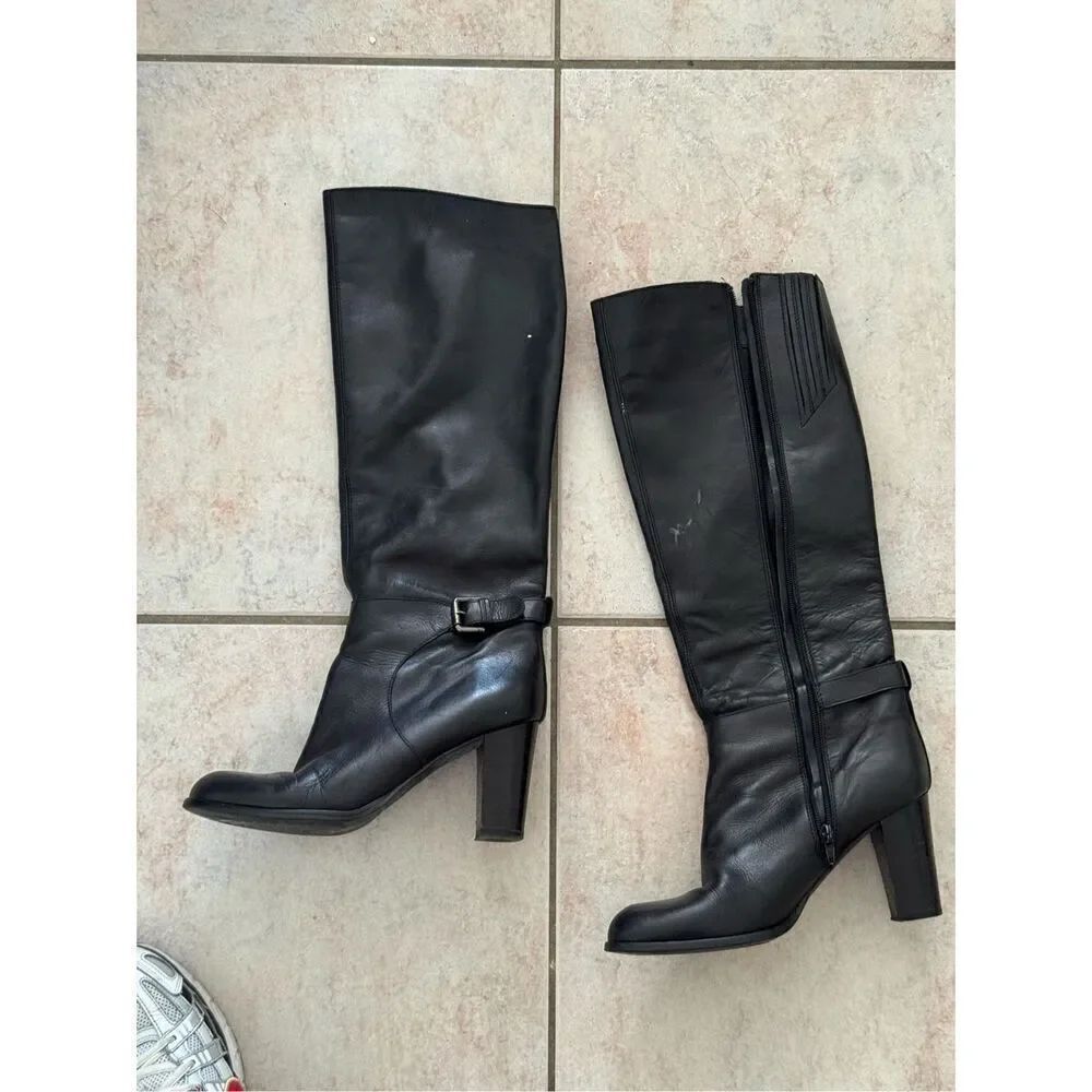 Sesto Meucci Black Leather Tall Boots knee high block heel biker boot buckle des